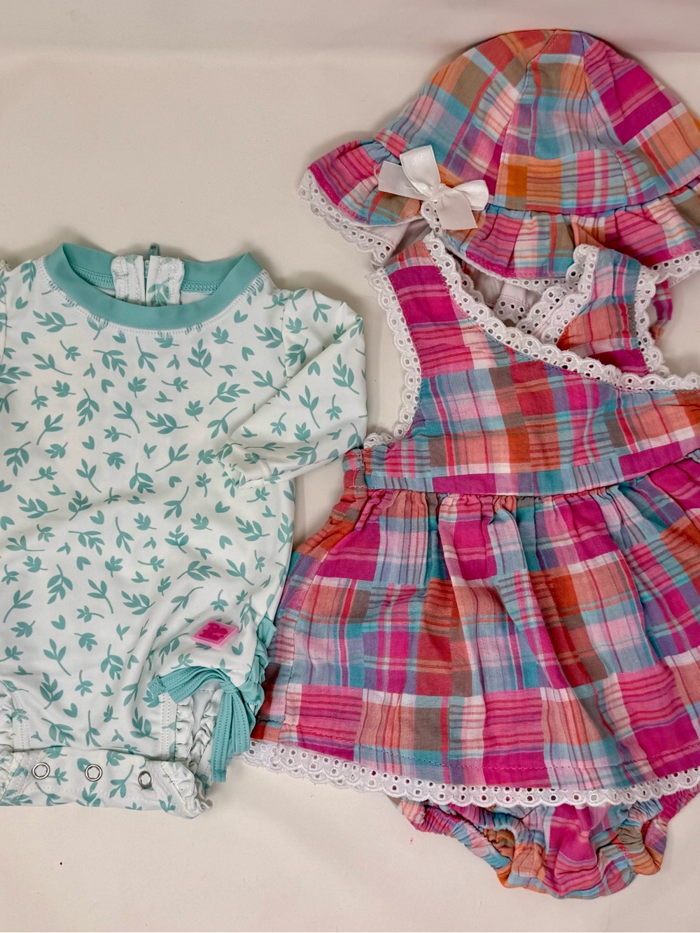RuffleButts Floral Bathing Suit & Pink and Aqua Plaid Dress, sunhat, bloomers